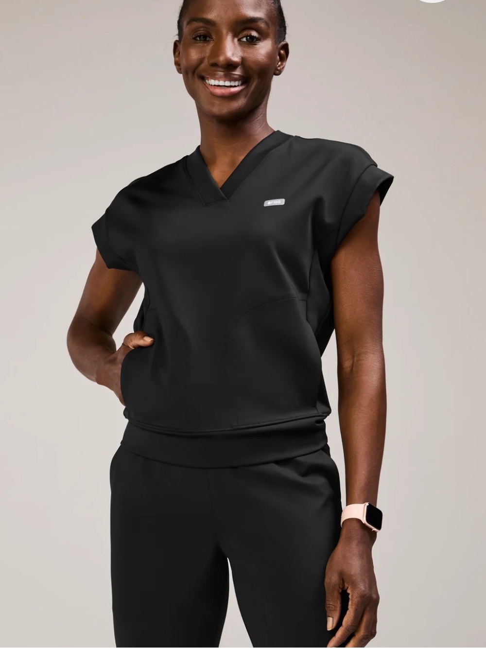 Figs Black V‑Neck Cap Sleeve Scrub Top
